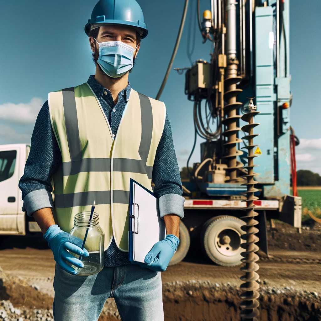 Environmental consultant conducting a Phase 2 Site Assessment in a field, with a truck-mounted auger drilling rig in the background. He is wearing a blue hard hat, high-visibility vest, and blue gloves, holding a clipboard and a clear soil sample jar, with a bright blue sky above.
